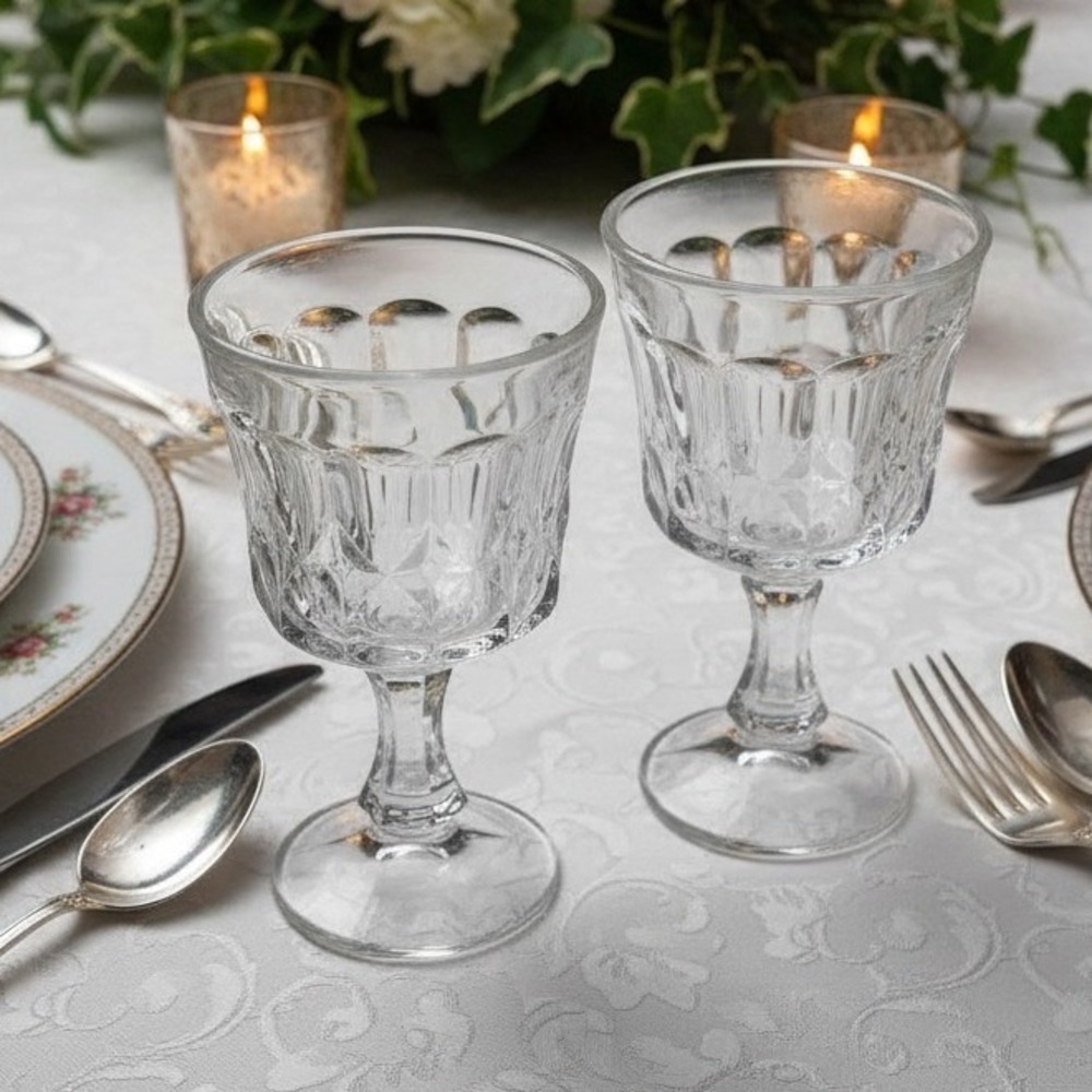 Noritake Perspective Clear Wine Glasses, Set of 2, Vintage Pressed Glass Goblets